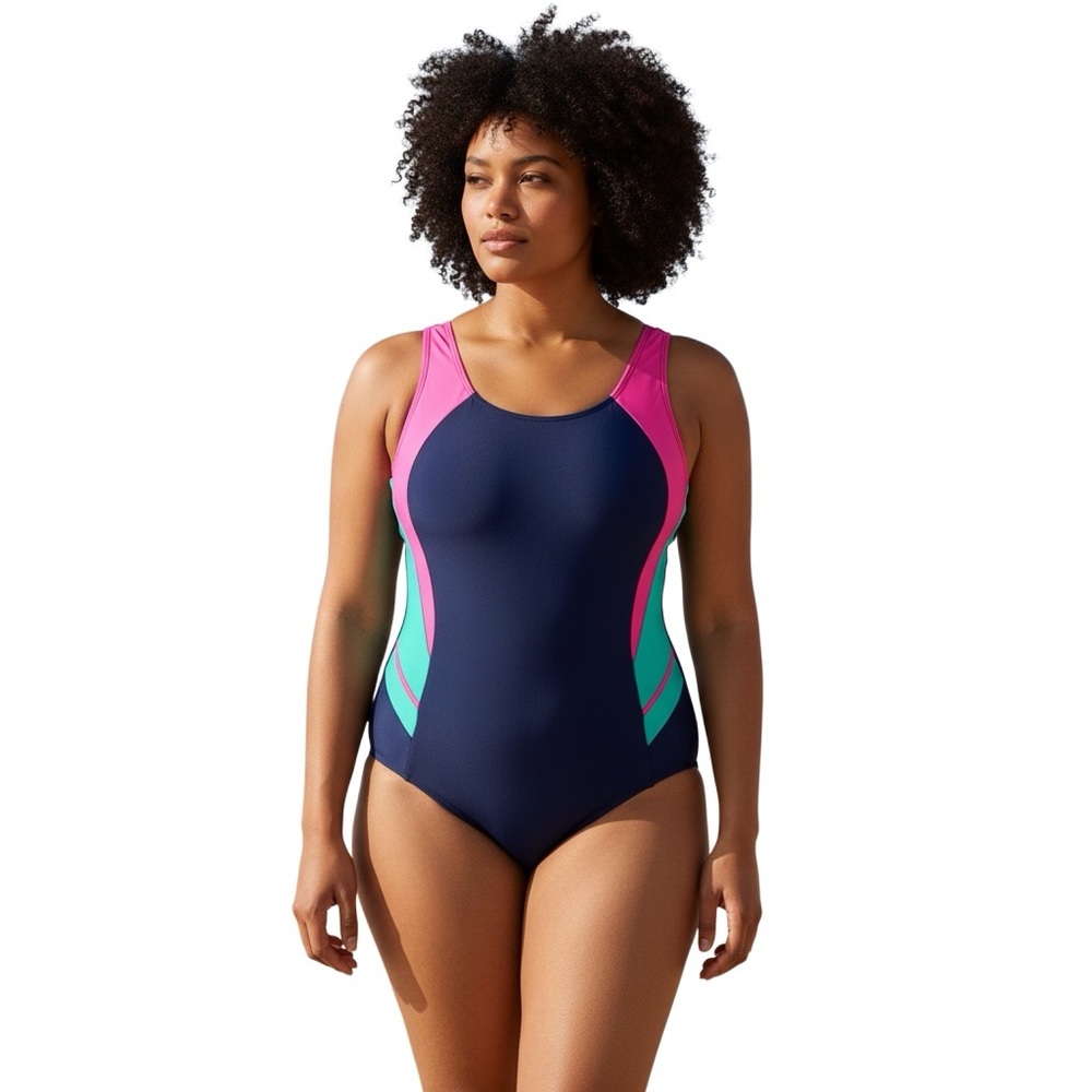 UHNICE One Piece Color Block Swimsuit Back Cut Out Blue Pink Size 4X…NWOT